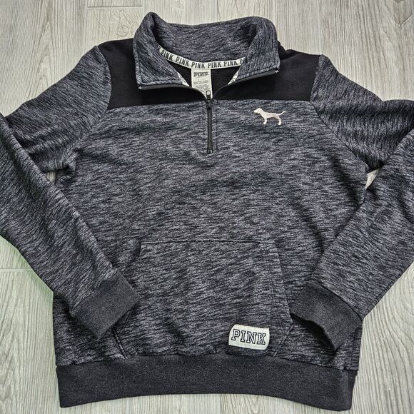 PINK Victoria's Secret Sweater Womens Small 1/4 Zip Black Gray Logo Pullover - Picture 2 of 8